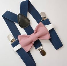 Bow Tie & Suspenders SET / Dusty Rose Pink Bow Tie / Navy Blue Suspenders / Kids Mens Baby Wedding Page Boy Set 6mo - Adult Set Wedding Page Boys, Navy Blue Bow Tie, Ring Bearer Gifts, Bowtie And Suspenders