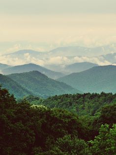 the mountains are covered in clouds and green trees, as seen from an overlook point