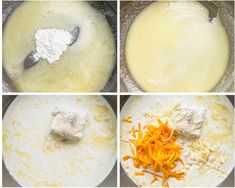 four pictures showing how to make cheese sauce