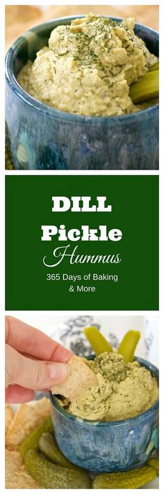 dill pickle hummus in a blue bowl