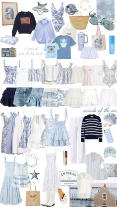 a collage of blue and white clothes