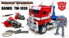 a red and blue toy truck next to other toys on a white background with the words,