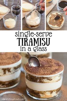 the steps to make a triramu in a glass dish with chocolate and vanilla filling