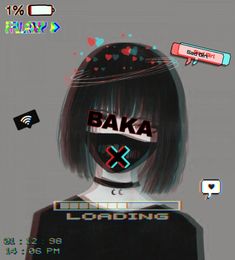 an animated image of a woman with black hair and the words baka on her face