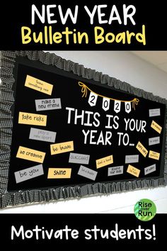 a bulletin board with notes on it and the words new year bulletin board written below