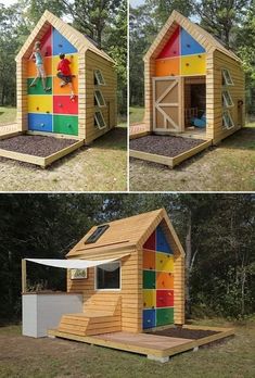 two pictures of a child's play house made out of wood and painted with different colors