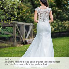 a woman in a wedding dress looking at the back of her gown, with text overlay