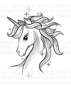 a black and white drawing of a unicorn's head with stars on the side