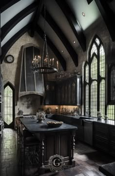 a kitchen with an island and chandelier hanging from the ceiling, surrounded by stained glass windows