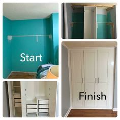 four different pictures show the inside of a room with blue walls and wood floors, including closets