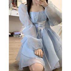 Olivia Mark - Sweet Blue Puff Sleeve Dress with Waist cinching, elegant neckline Blue Puffy Dress, Blue Puff Sleeve Dress, Ruffle Collar Shirt, Fluffy Skirt, Dress Collar, Collared Shirt Dress, T Dress, Puff Sleeve Dress, Loose Fitting Dresses