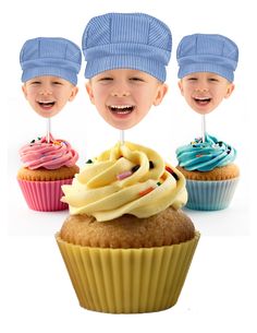 three cupcakes with hats on top of them