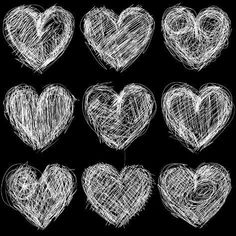 hand drawn heart shapes on blackboard with white chalk crayon effect, set of nine