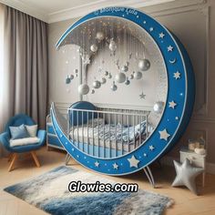 a baby's room decorated in blue and white with stars on the moon bed