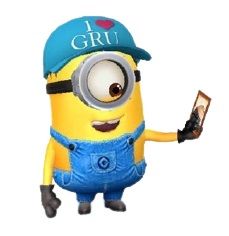 a minion holding a cell phone and wearing a hat with the word i love gru on it