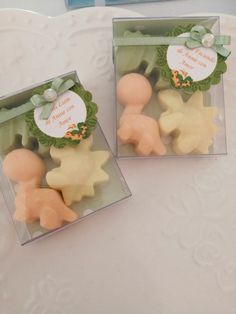 two small packaged cookies in plastic boxes on a white table with green ribbon around the edges