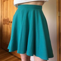 Teal/Turquoise Textured Knit Circle Skirt With An Elastic Waistband. Very Nice, Thick Fabric - 100% Cotton. Never Worn Green A-line Mini Skirt With Lining, A-line Green Lined Mini Skirt, Casual Flowy Turquoise Skirt, Blue Stretch Flared Mini Skirt, Knit Circle, Teal Skirt, Teal Turquoise, Thick Fabric, Textured Knit