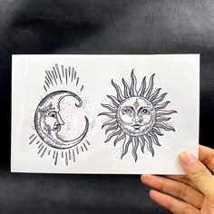 two sun and moon stickers are shown in black ink on white paper, one is drawn