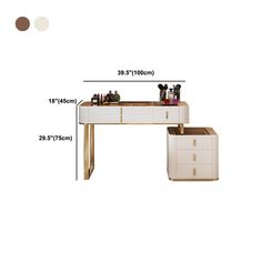 an image of a desk with drawers and makeup on it's side, measurements