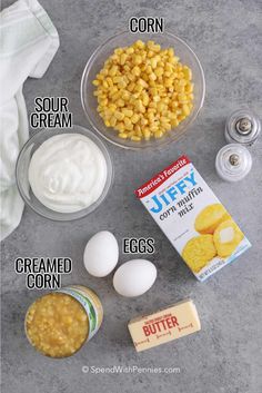 ingredients to make corn pudding laid out on a table