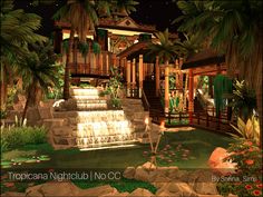 a tropical night club with waterfall and palm trees