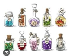 the bottles are filled with different types of things in them and have labels on them