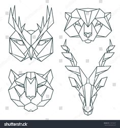 four different types of animal heads are shown in the shape of geometric shapes and lines