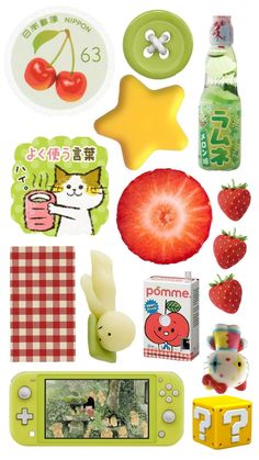 various items are arranged in the shape of a star, strawberry, and other things