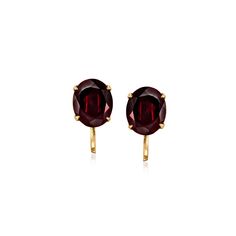 Ross-Simons - C. 1960 Vintage 7.00 ct. t. w. Garnet Earrings in 14kt Yellow Gold. C. 1960. Flaunting a vivid deep-red hue, these sophisticated Estate collection earrings feature 7.00 ct. t. w. oval garnets in simple four-prong settings of polished 14kt yellow gold. Non-pierced screw, garnet earrings. Exclusive, one-of-a-kind Estate Jewelry. Garnet birthstones are the perfect gift for January birthdays. Vintage Garnet Earrings, Jewelry Presentation, Garnet Birthstone, Gold C, Gold Sign, Garnet Earrings, Garnet Stone, Red Stone, Deep Red