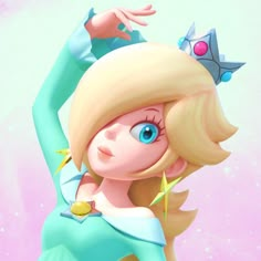 a cartoon girl with blue eyes and blonde hair is holding her arms up in the air