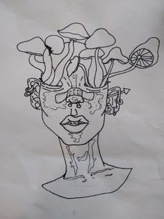 a drawing of a woman's face with mushrooms on her head