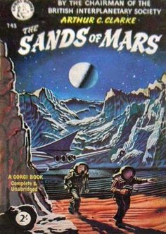 the sands of mars book cover with two men walking in front of mountains and moon