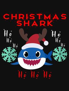 a christmas shark wearing a santa hat with snowflakes on it's head