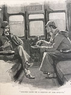 an old drawing of two men sitting on a train car, one holding a tray and the other looking at something in his hand