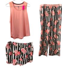 Betsey Johnson 3 Piece Lounge Set Pink Stripe Rose 3 Piece Lounge Set. Classic Betsey Johnson Prints & Style! - Set Includes Tank, Shorts, Pants - Lace Overlay At Shoulders - Lace Heart At Pant Hip And Shorts Hem - Side Seam Pockets 95% Polyester/ 5% Spandex Floral Loungewear 3 Piece Set Whimsical 70s Fun Boho Floral Loungewear, Lace Heart, Shorts Pants, Lounge Set, Lounge Sets, Lace Overlay, Pink Stripes, Betsey Johnson, Women's Intimates