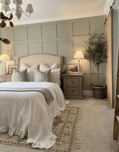 a bedroom with a large bed and two lamps on either side of the headboard