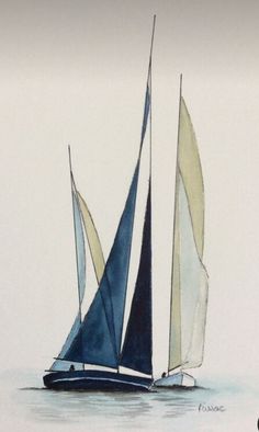 a watercolor painting of three sailboats in the ocean