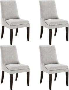 four chairs are shown side by side in three different positions, one is light gray and the other has dark wood legs