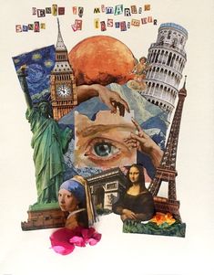 collage of various images including the statue of liberty, eye and other famous landmarks