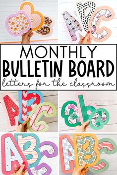 the month bulletin board is filled with letters, numbers and shapes to practice letter recognition