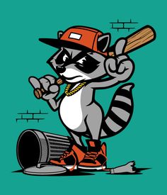 a raccoon is holding a baseball bat in his hand and standing next to a trash can