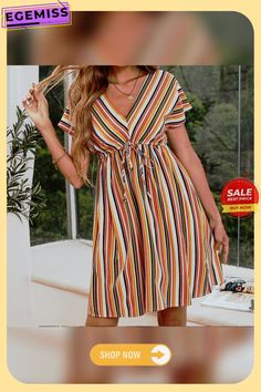 Colorful Striped Sweet Dress Colorful V-neck Vacation Dress, Casual Multicolor Knee-length Sundress, Multicolor A-line Sundress For Vacation, Multicolor V-neck Summer Midi Dress, Colorful Patterned Knee-length Summer Dress, Colorful Knee-length Summer Dress, Trendy Multicolor A-line Dress, Colorful V-neck Mini Dress For Summer, Colorful V-neck Dress For Day Out