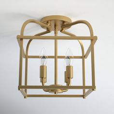 a light fixture hanging from the ceiling with two lights on each side and an open cage design