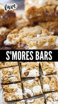 s'mores bars stacked on top of each other with the title above it