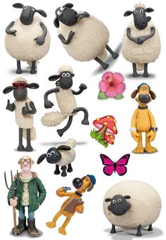 several cartoon sheep are posed in various poses