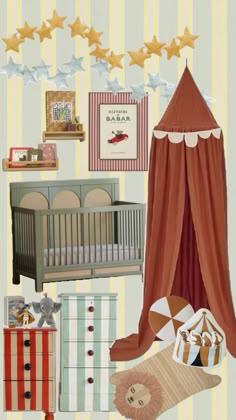 a baby's nursery room is decorated in red, white and blue with stars above the crib