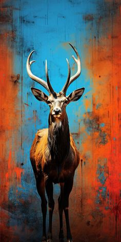 an animal with large horns standing in front of a blue and orange background on the wall