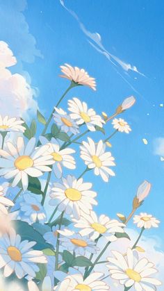 a bunch of daisies are in the foreground with a blue sky behind them