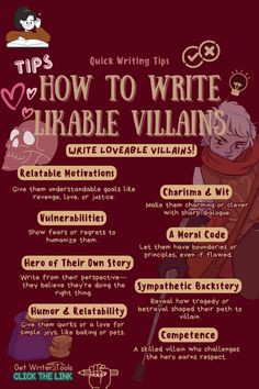 an info sheet with the words how to write remarkable villain's written on it