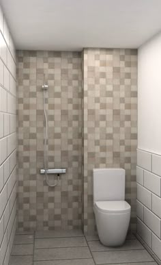 a white toilet sitting in a bathroom next to a walk in shower and tiled walls